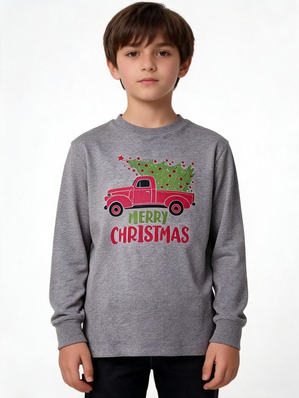 LAT Apparel youth Merry Christmas truck gray long sleeve tee shirt size small